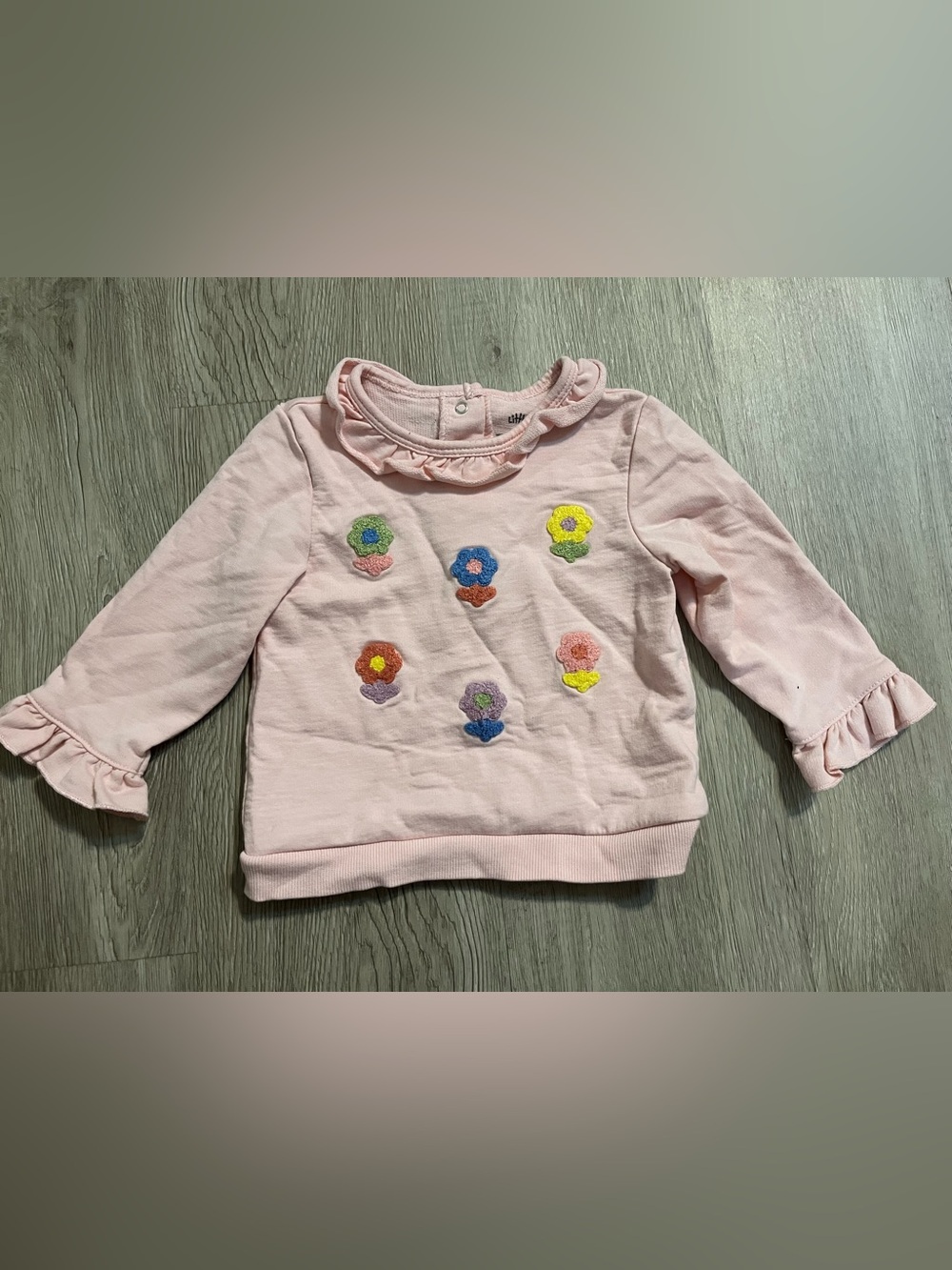 Little Me Light Pink Ruffle-Neck Sweatshirt with Colorful Flower Appliqués
